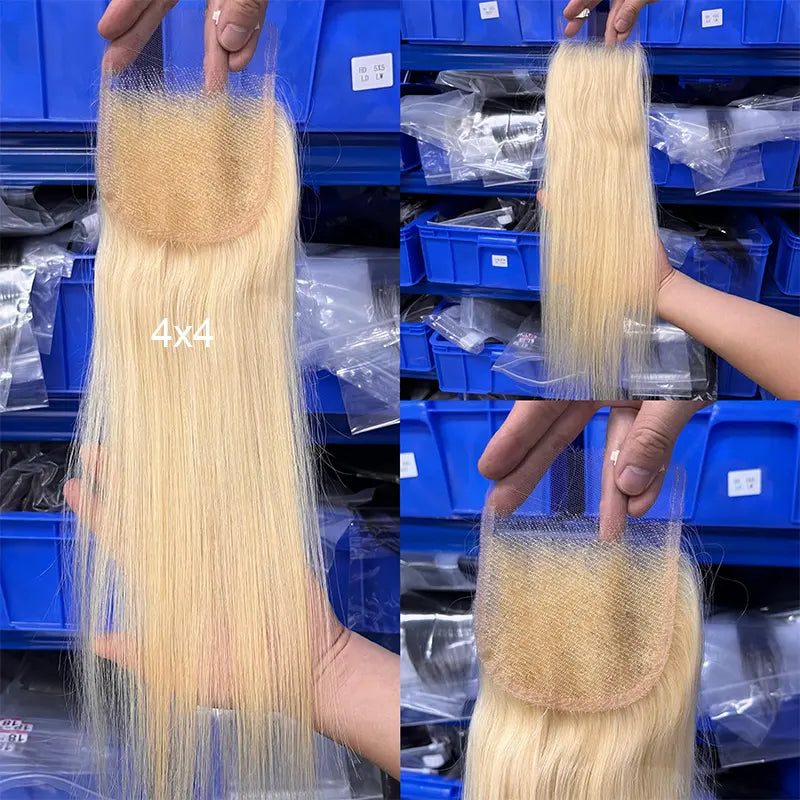 #613 Cabelo Loiro Fecho em Renda Transparente e Reto Frontal