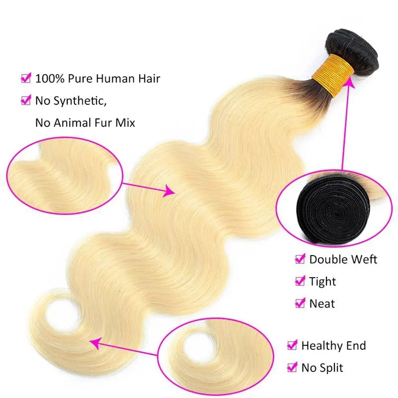 9A Cabelo Loiro #1B/613 com Raízes Escuras Tecido de Cabelo Ondulado