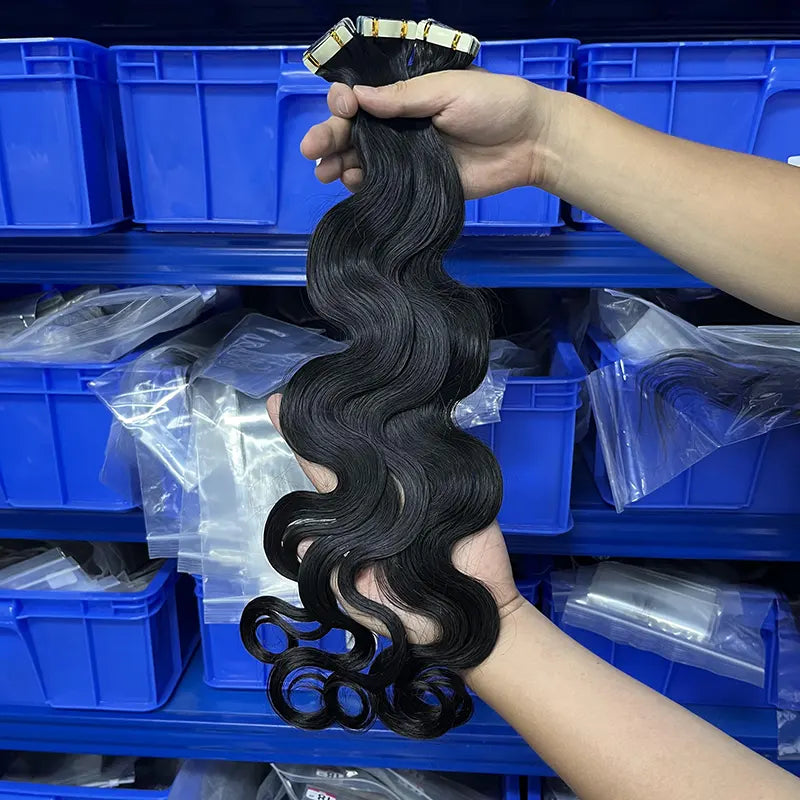 Extensões de cabelo humano virgem com fita adesiva para ondas corporais