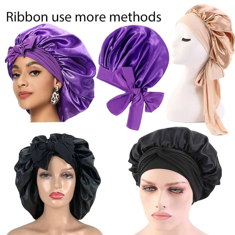 Custom Logo Single Layer Wide Band Large Satin Bonnets With Ties