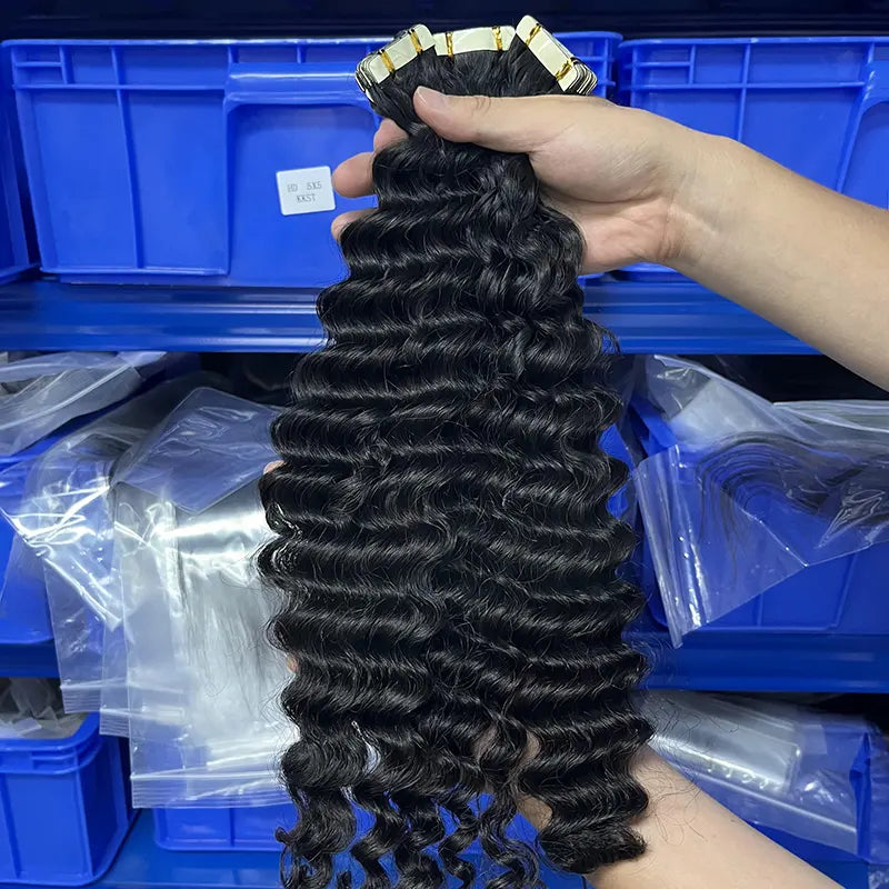 Extensões de cabelo humano virgem com fita de onda profunda