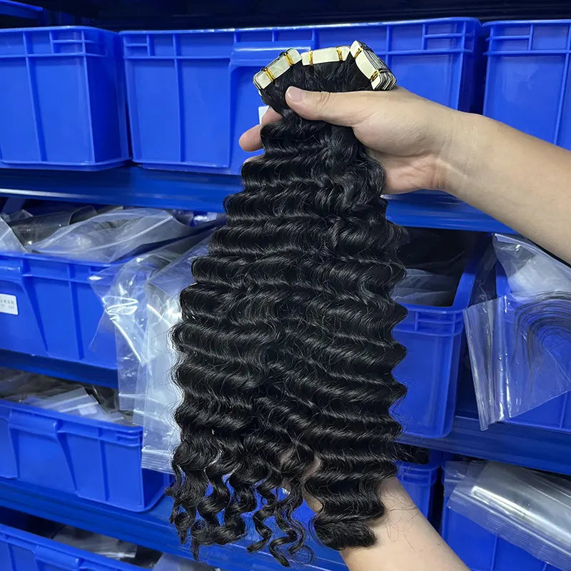 Extensões de cabelo humano virgem com fita de onda profunda