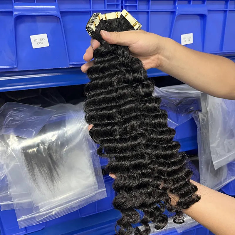 Extensões de cabelo humano virgem com fita de onda profunda