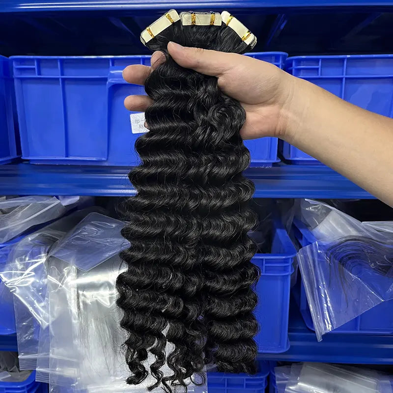 Extensões de cabelo humano virgem com fita de onda profunda