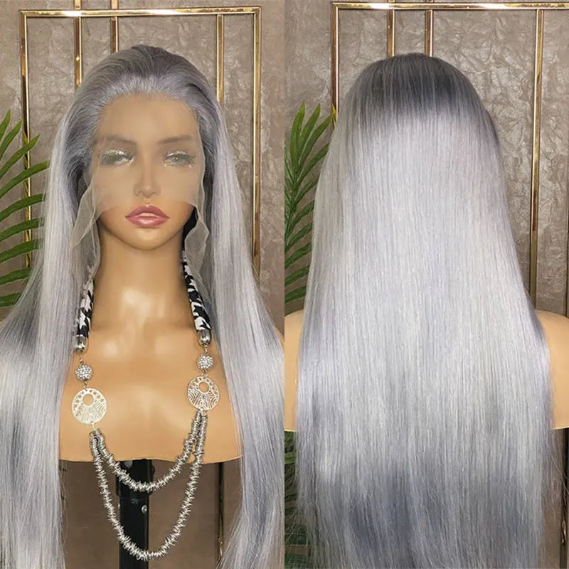 Peruca de cabelo cru com renda frontal cinza prateada 13x4