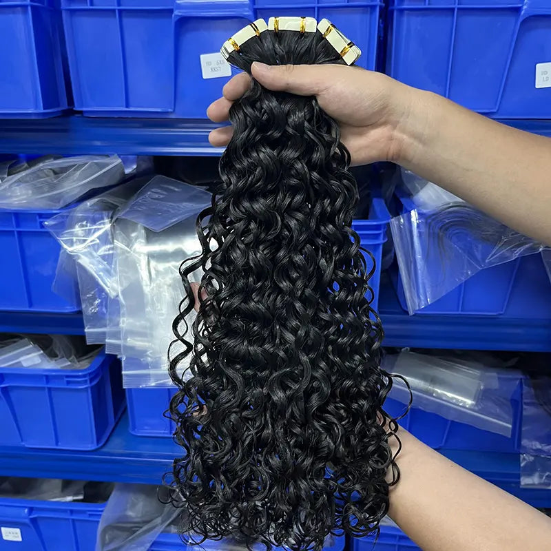 Extensões de cabelo humano virgem com fita de onda de água