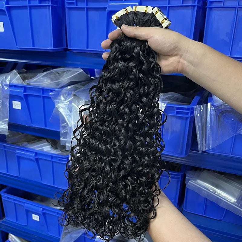 Extensões de cabelo humano virgem com fita de onda de água